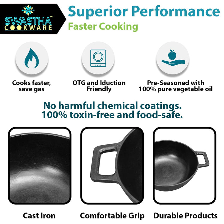 10" Large Kadhai | Cast Iron | OTG & Induction Safe | Pre Seasoned & Ready | Healthy C~ooking | Chemical Coating & Toxin Free 