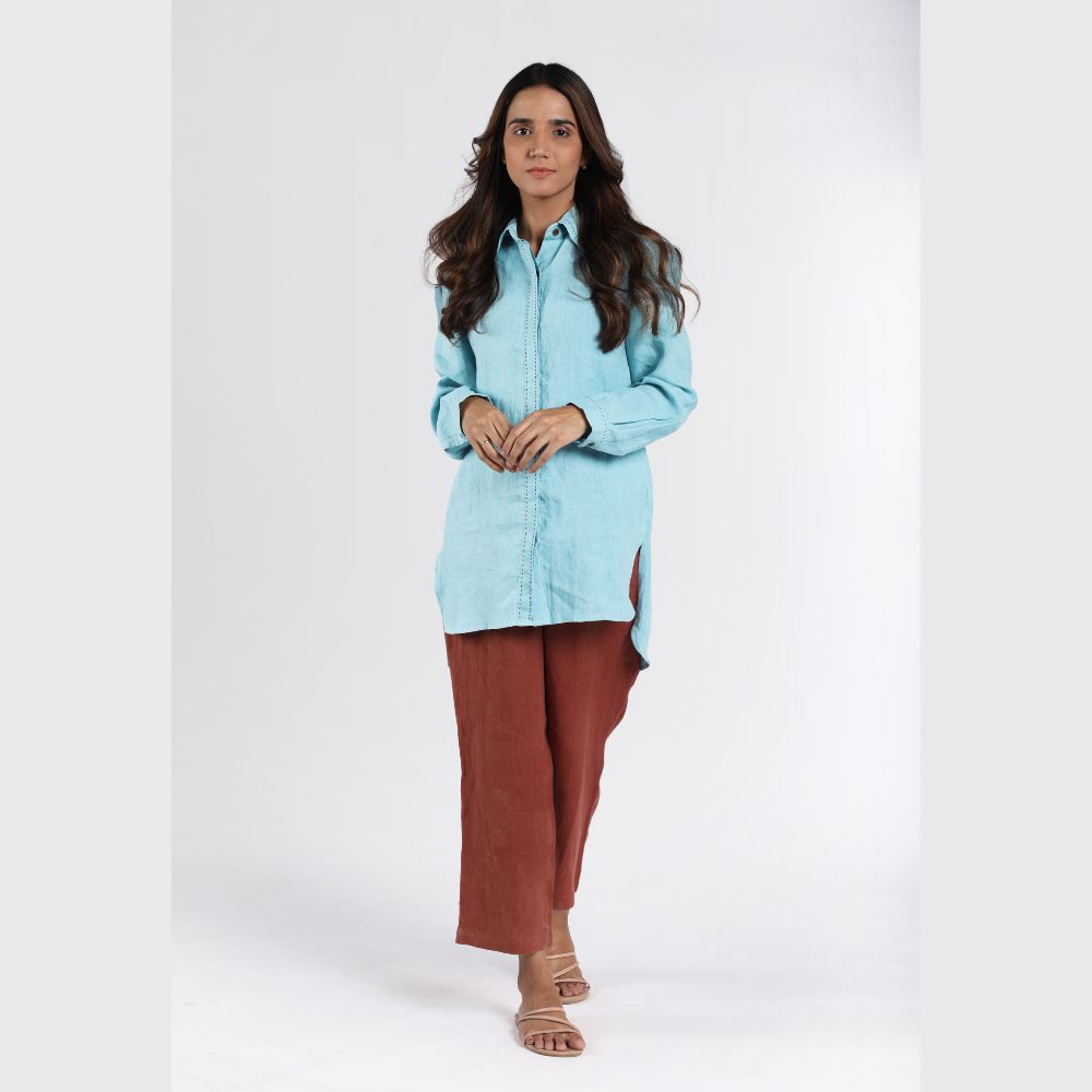 Kantha Embroidered Long Shirt | European Linen | Eco-Friendly | Sky Blue