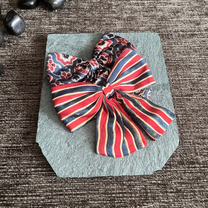 Knotted Bow Hair Clips | Comfortable | Ajrakh Block Print | Floral & Stripe | Set Of 2