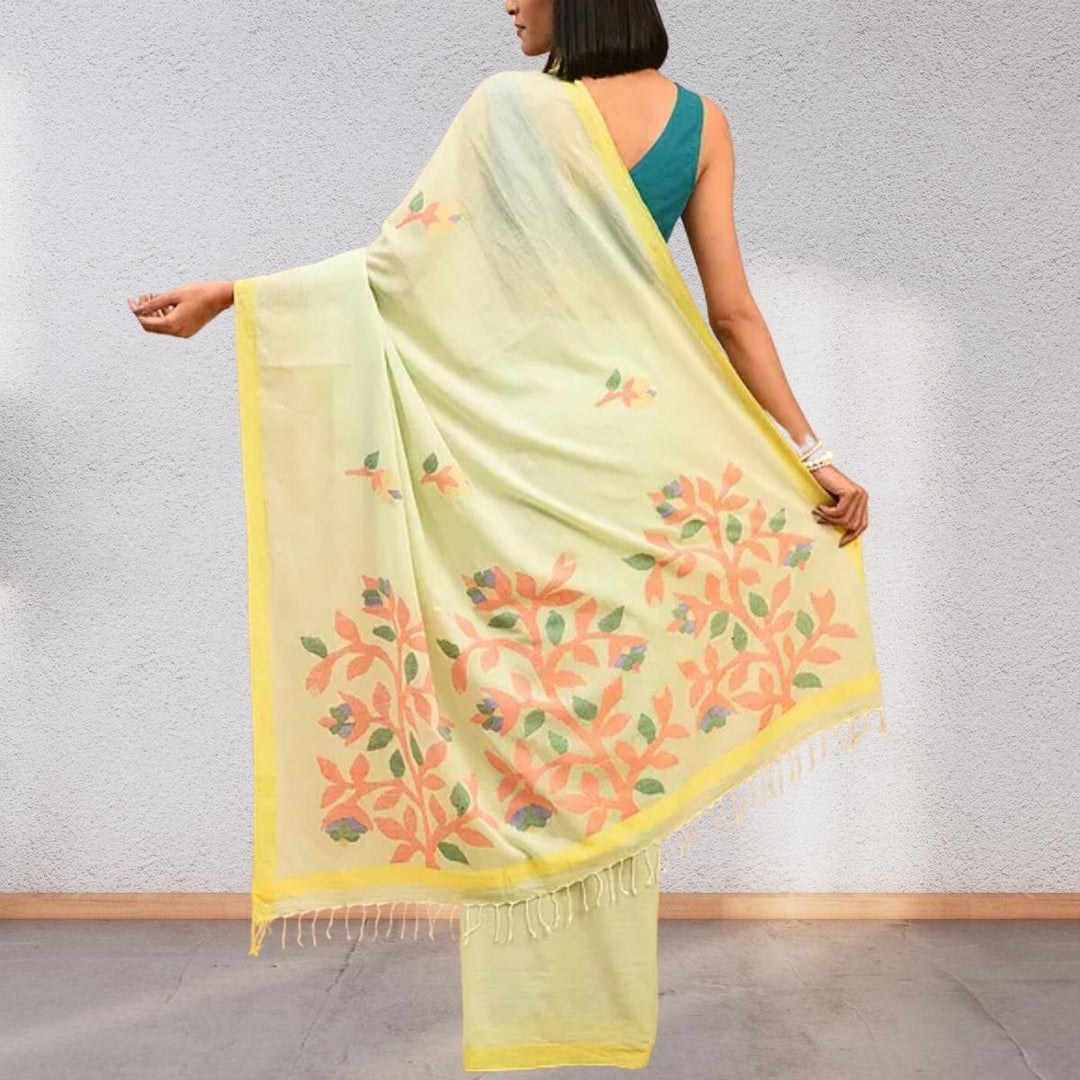 Pastel Green Handcrafted Cotton Mul Mul Saree | Floral Motif Jamdani | Graceful