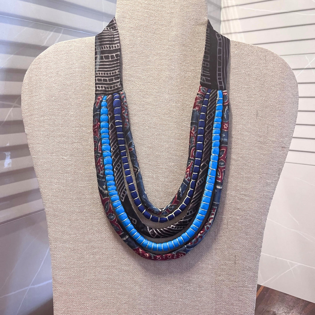 Layered Blue Necklace | Ajrakh and Silk | Smart Boho Look | Women | Stylish