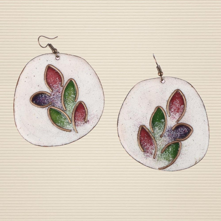 Leaflet Unique Copper Enamel Dangler Earring | Hand-crafted | White