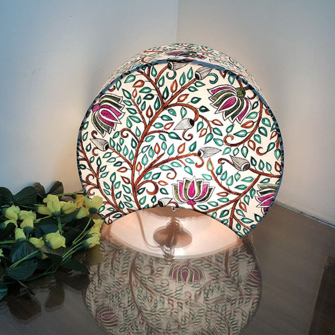 Floral Fauna Madhubani Painted Crescent Table Lamp | 11 Inch