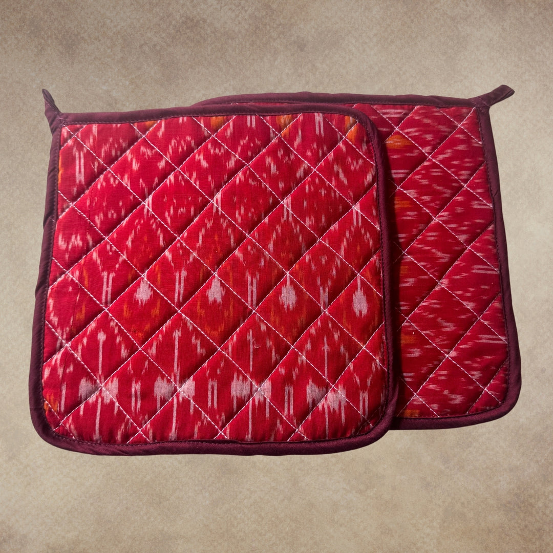 Hand-Crafted Soft Cushioned Pot Holder | Red Ikat | Set of 2