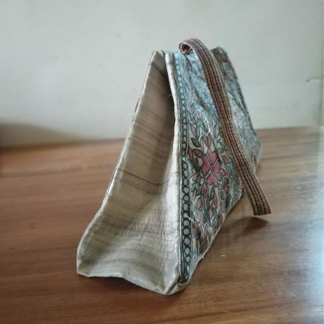 Trapezium Madhubani Wrist Bag | Hand-painted | Tussar Silk