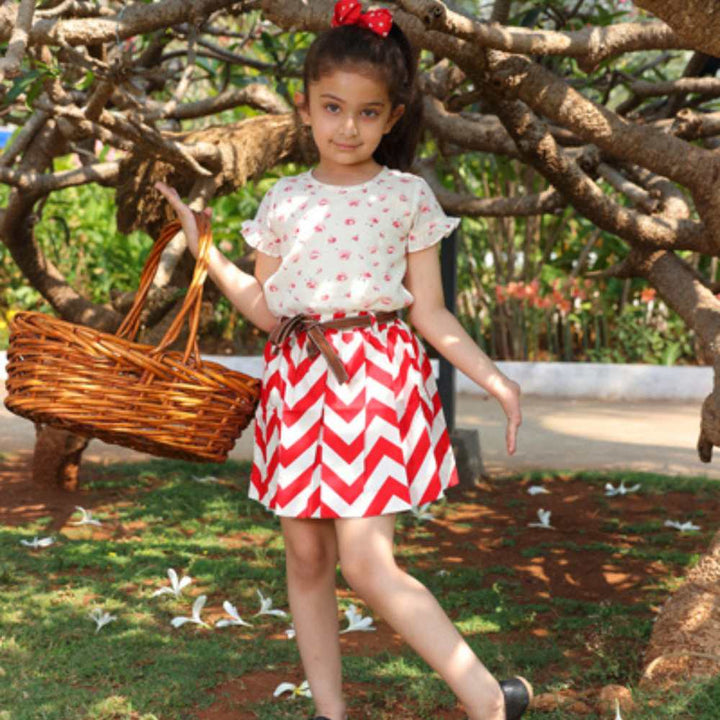 Mod Chevron Skirt Set For Girls | Occasion Wear | Cotton | Off White And Red