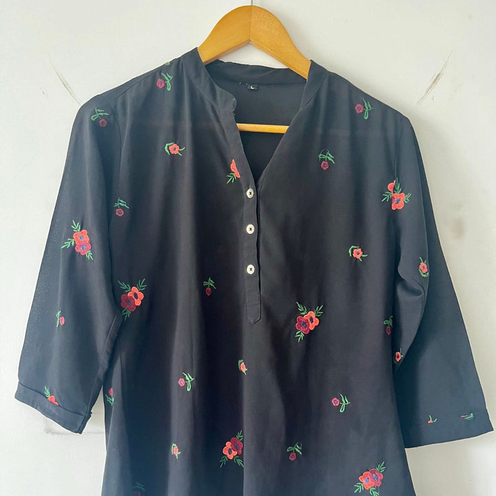 Black Georgette Floral Shirt | Relaxed-Fit | Machine Embroidered