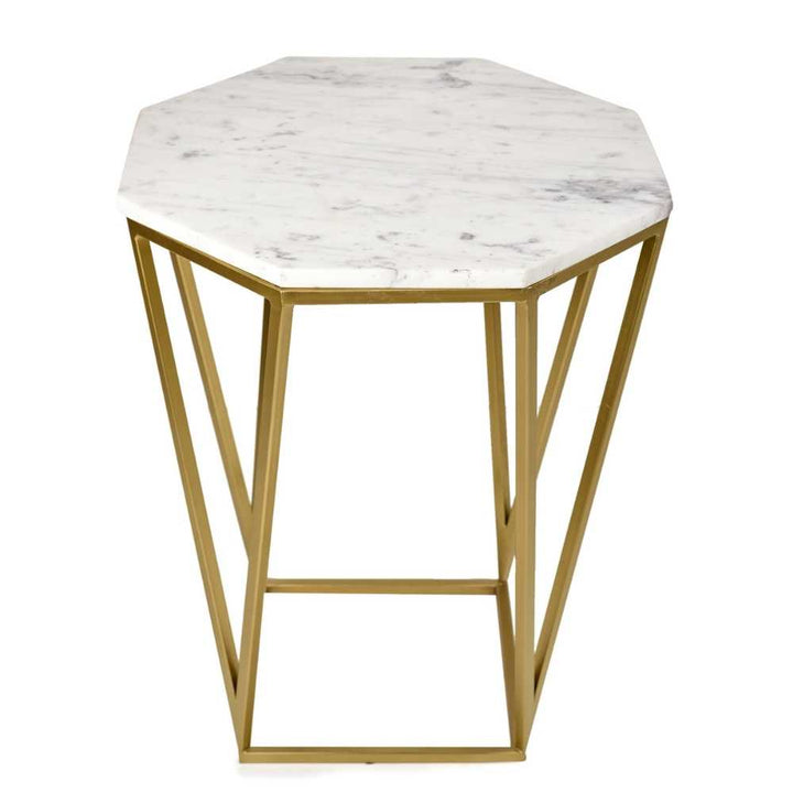 Hexagon Shape End Table With Marble Table Top | Modern Accent Table | Gold Finish Stand | 17x17x19 Inches