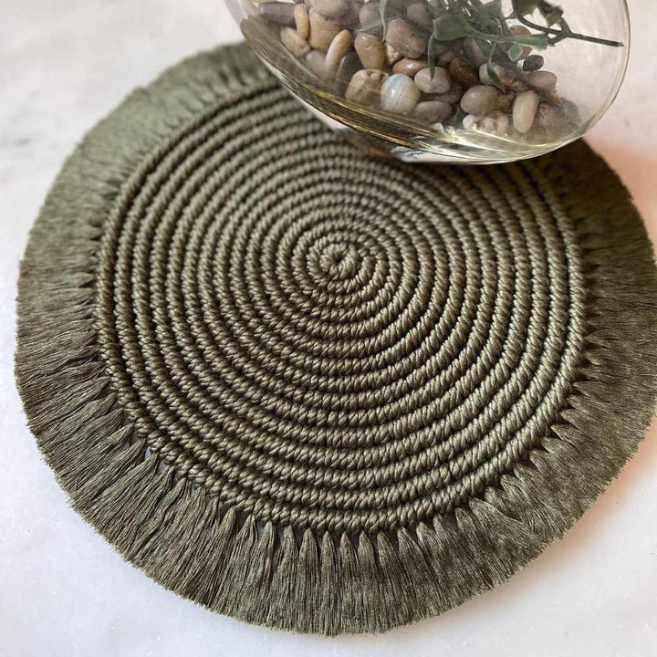 Set of Bohemian Style Hand-Crafted Round Table Mat, Napkin Ring & Coaster | Macrame | Set of 3