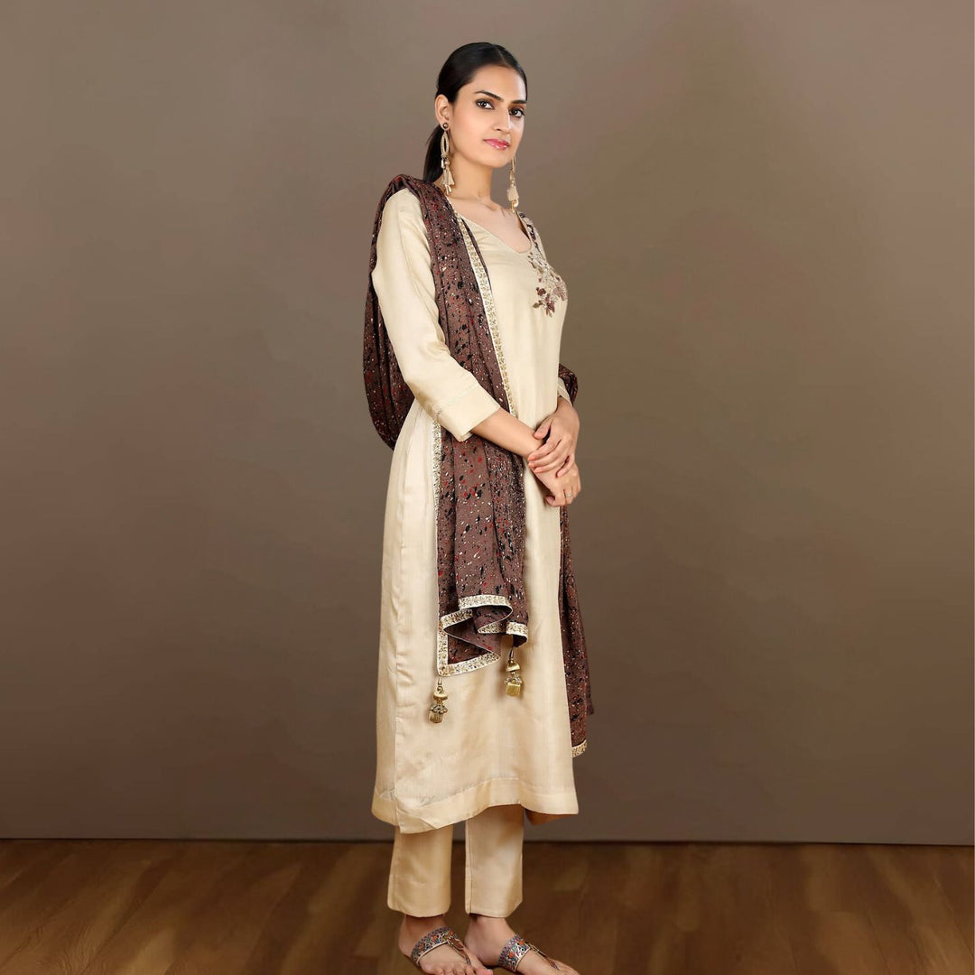 Karthika Tussar Kurta Pant | Hand-Crafted | Elegant | Glamorous Appeal | Beige & Wine