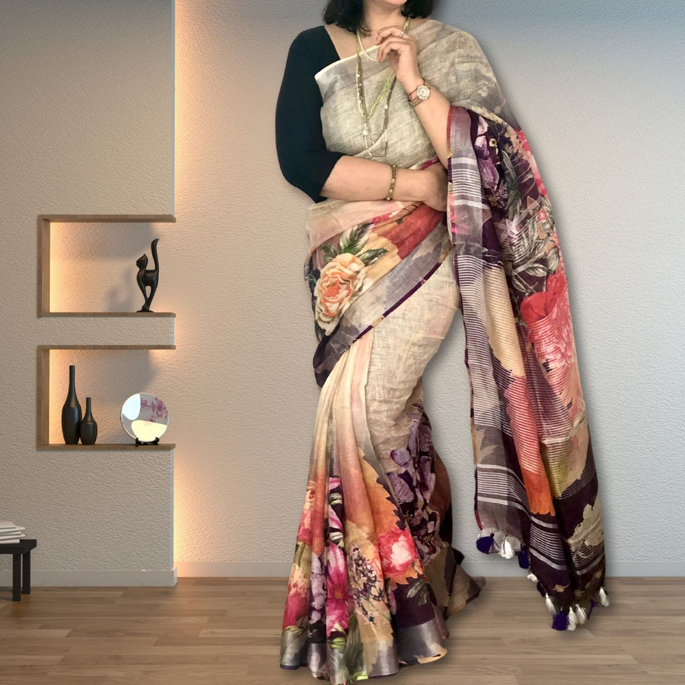 Ivory & Violet Floral Linen Saree | Refreshing and Vibrant | Striking Stylish