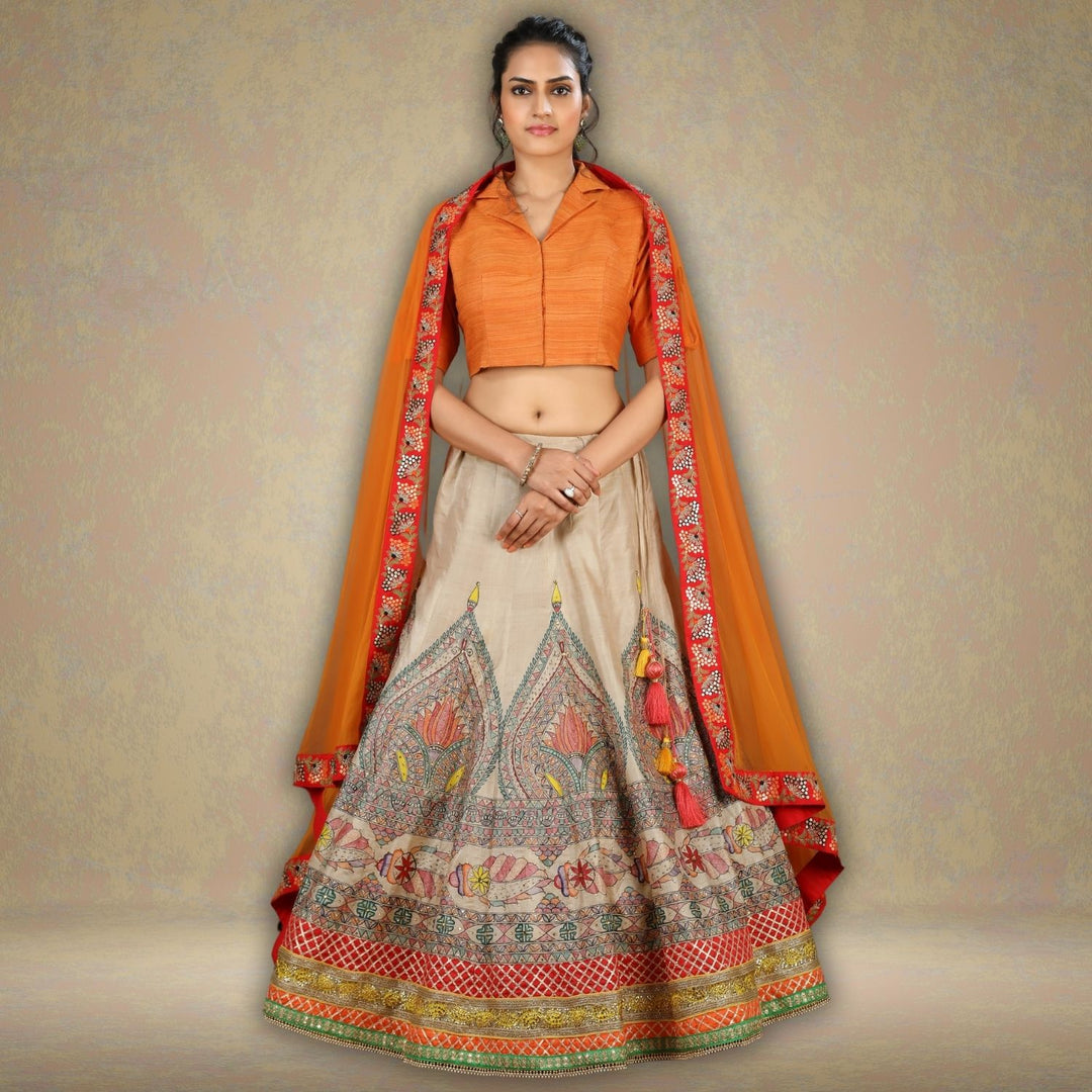 Dyut Desi Tussar Lehenga Set | Hand-Painted Madhubani Art | Graceful | Elegant