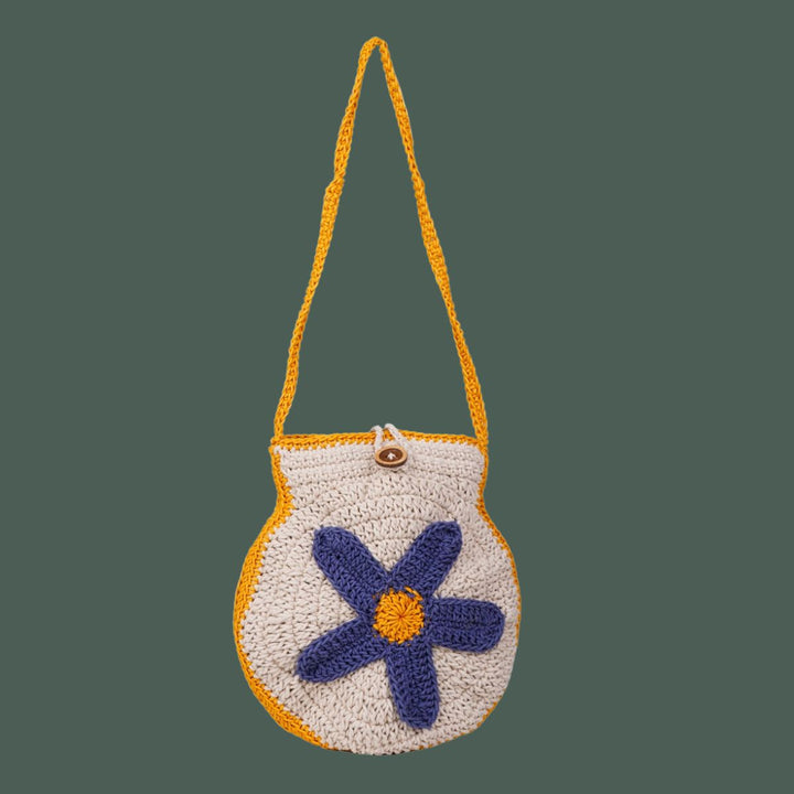 Blue Flower Mini Shoulder Bag | Hand-Crochet | Cotton Yarn | Off White & Mustard