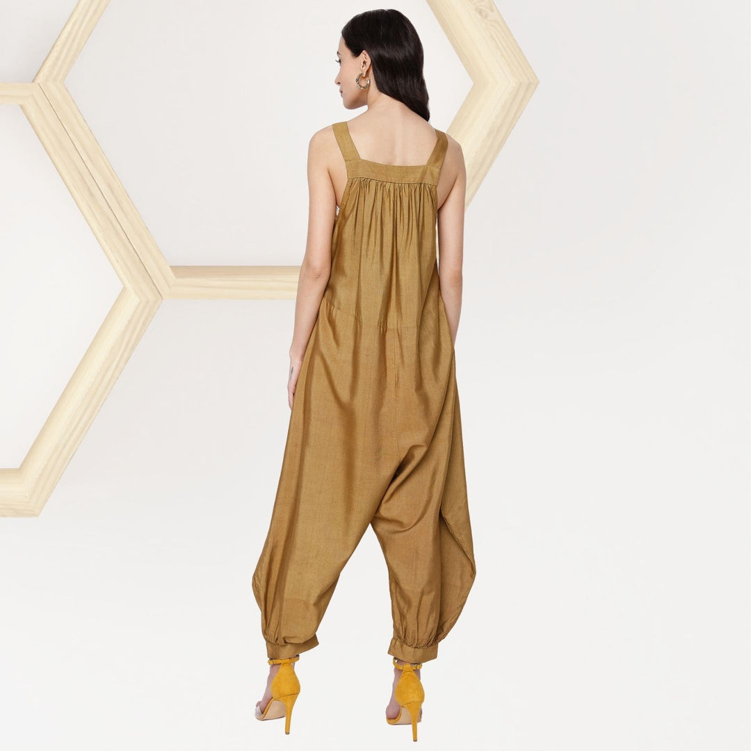 Steffi Tussar Silk Baggy Style Dungaree | Hand-Embroidered | Stylish | Golden Brown