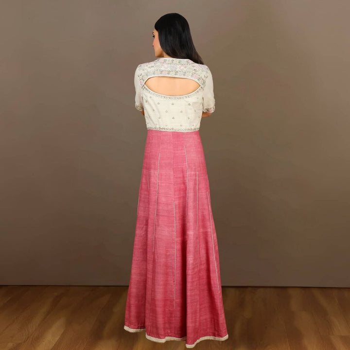 Hollyhock Tussar Ghicha Silk Angarakha | Hand-Embellished | Flamingo Pink & Cream