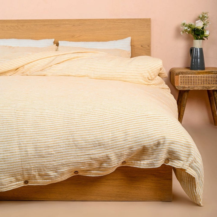 Mustard Pin Stripe Duvet Cover Set | Sustainable & Organic Linen | Delicate Snug