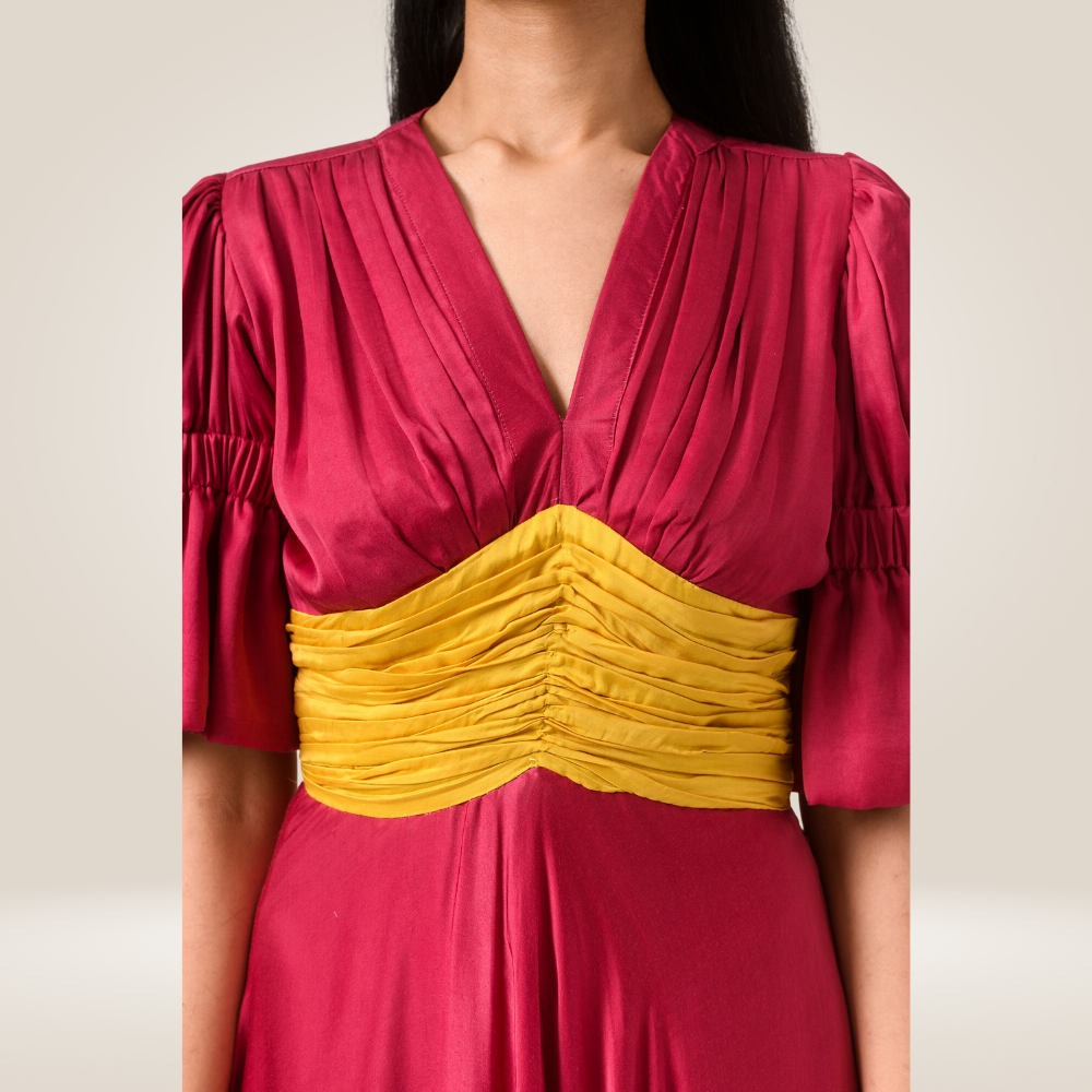 Wine-Yellow Colour Block Dress | Made in Bemberg Modal