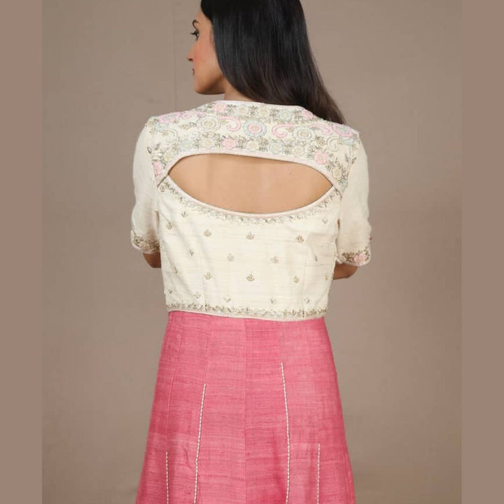 Hollyhock Tussar Ghicha Silk Angarakha | Hand-Embellished | Flamingo Pink & Cream