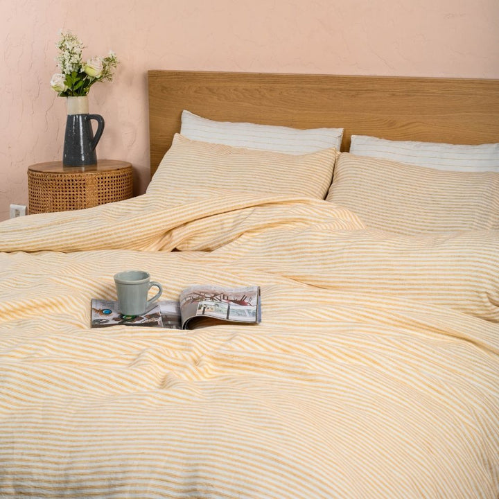 Mustard Pin Stripe Duvet Cover Set | Sustainable & Organic Linen | Delicate Snug