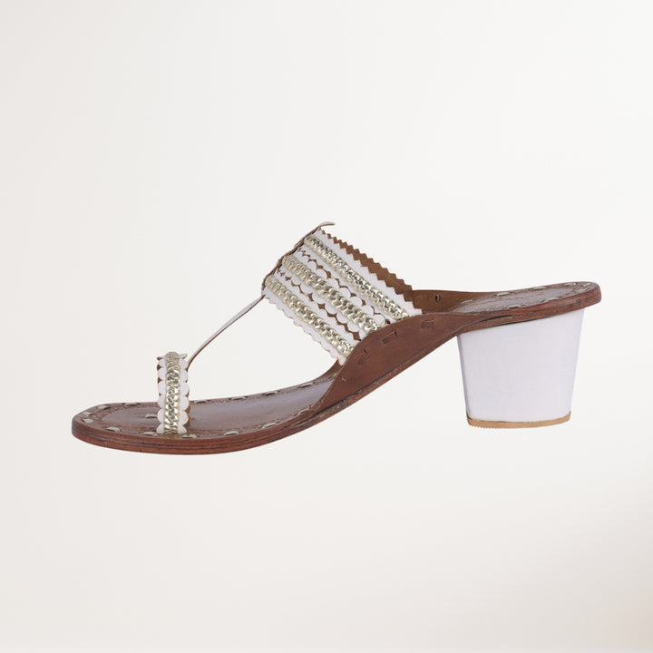 White Kongri Kolhapuris For Women | Block Heeled | Hand Crafted | Formal Wear