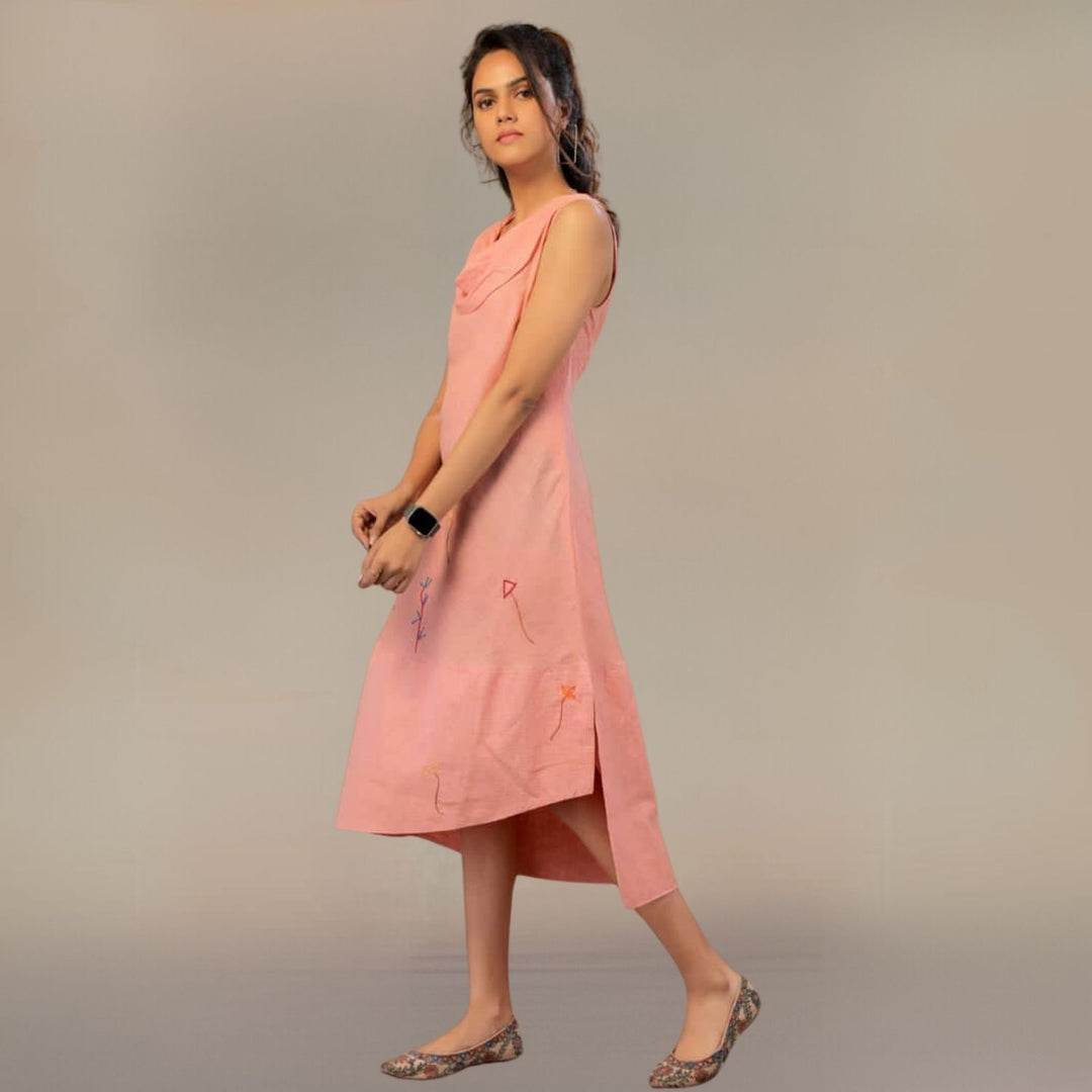 Oriental Poppy Cowl Collar Dress | Asymmetric Design | Cotton | Minimalistic | Peach