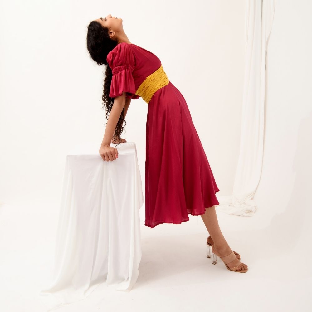 Wine-Yellow Colour Block Dress | Made in Bemberg Modal