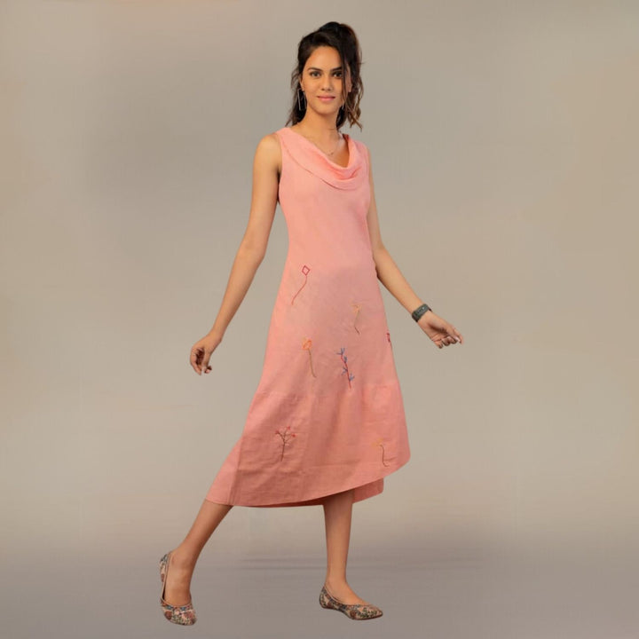 Oriental Poppy Cowl Collar Dress | Asymmetric Design | Cotton | Minimalistic | Peach