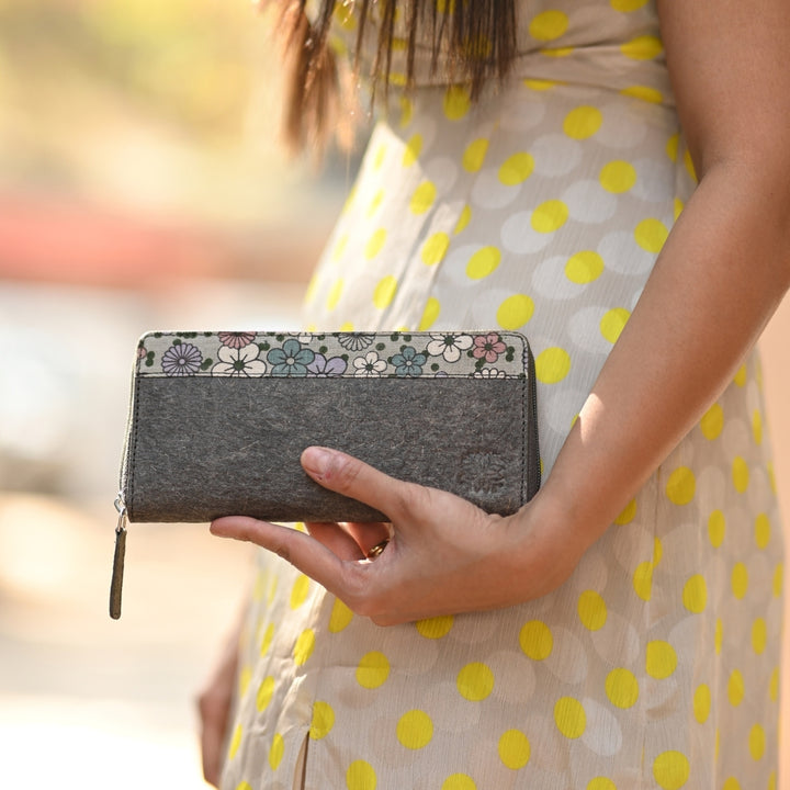 Floral Wallet For Women | Coconut Leather | Multi Pocketed | Textured Grey