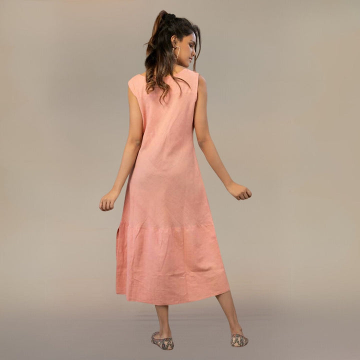 Oriental Poppy Cowl Collar Dress | Asymmetric Design | Cotton | Minimalistic | Peach