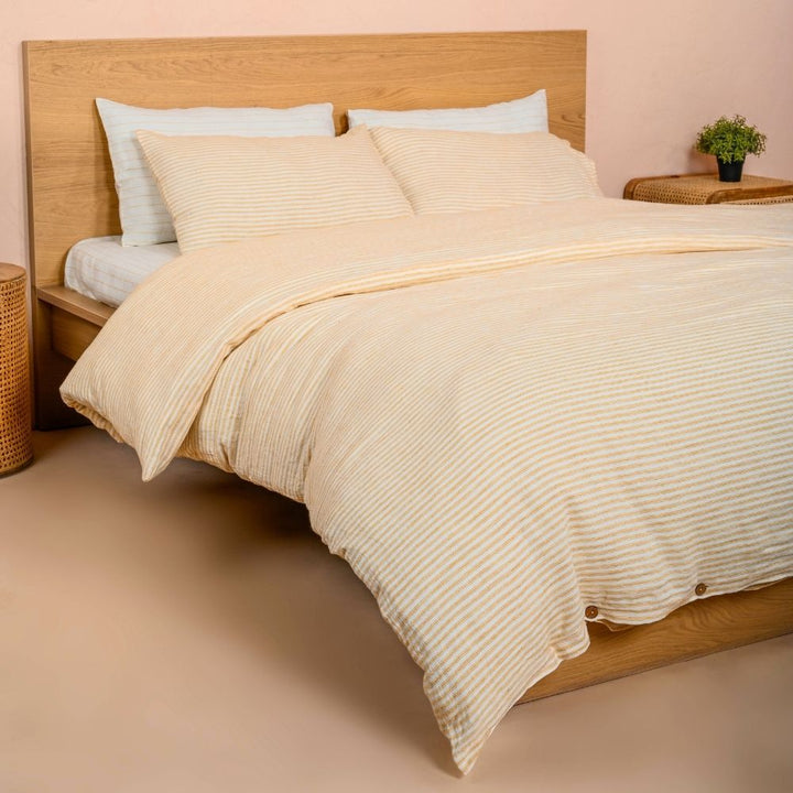 Mustard Pin Stripe Duvet Cover Set | Sustainable & Organic Linen | Delicate Snug