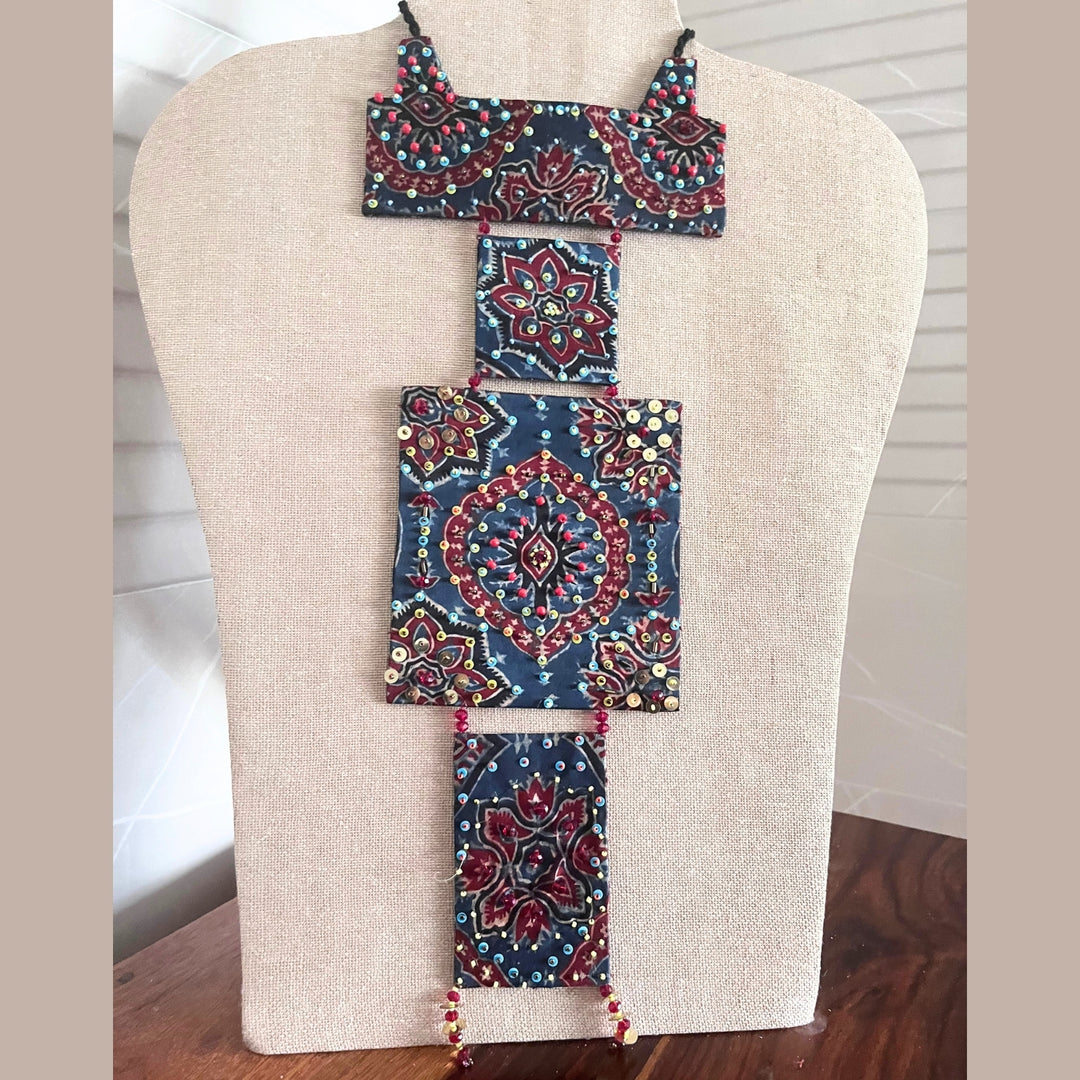 Artisanal Ajrakh Necklace For Women | Handmade and Sequin Embellished