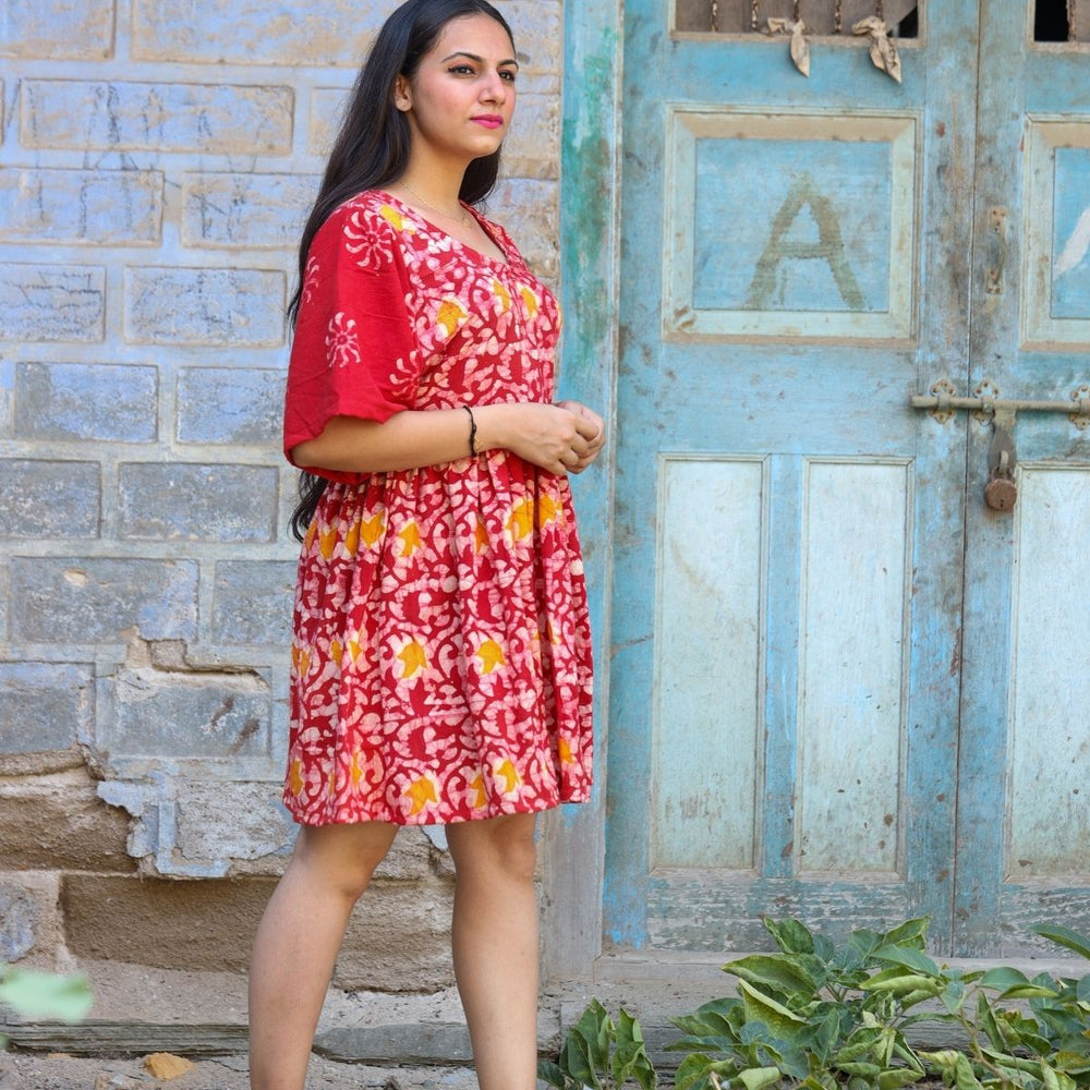 Women Dress | Casual Wear | Hand Block Printed | Soft Cotton | Red