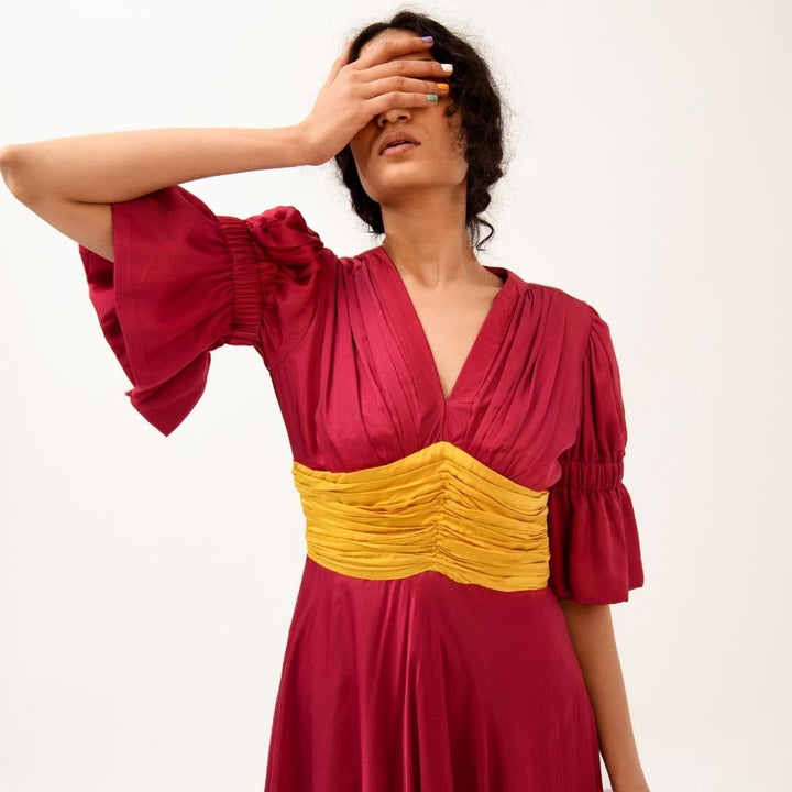 Wine-Yellow Colour Block Dress | Made in Bemberg Modal