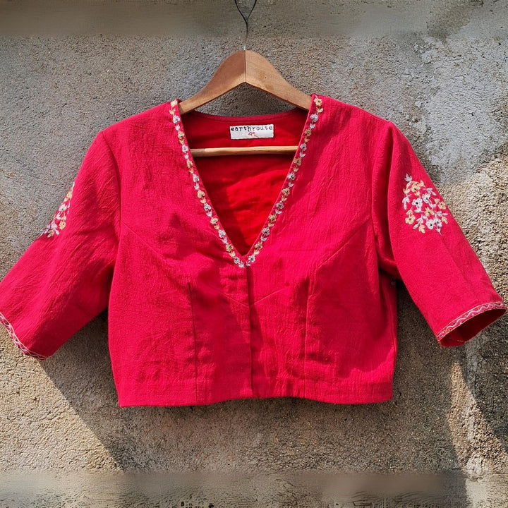 Roma Hand Embroidered Saree Blouse | Cotton Muslin | Red