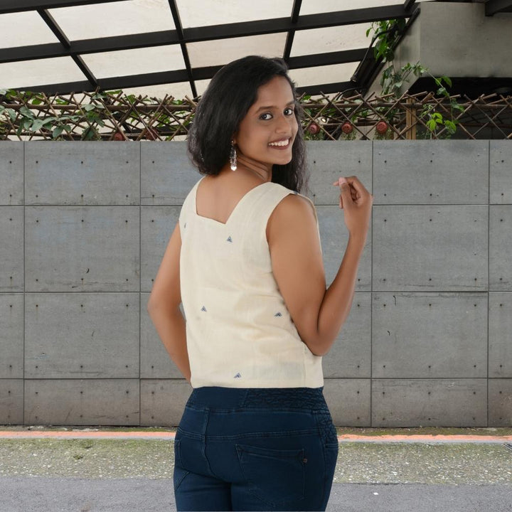 Off-White Sleeveless Top in Kala Cotton | Crafted with Bhujodi Motif