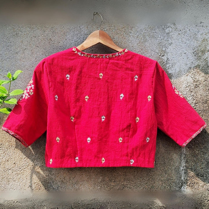 Roma Hand Embroidered Saree Blouse | Cotton Muslin | Red