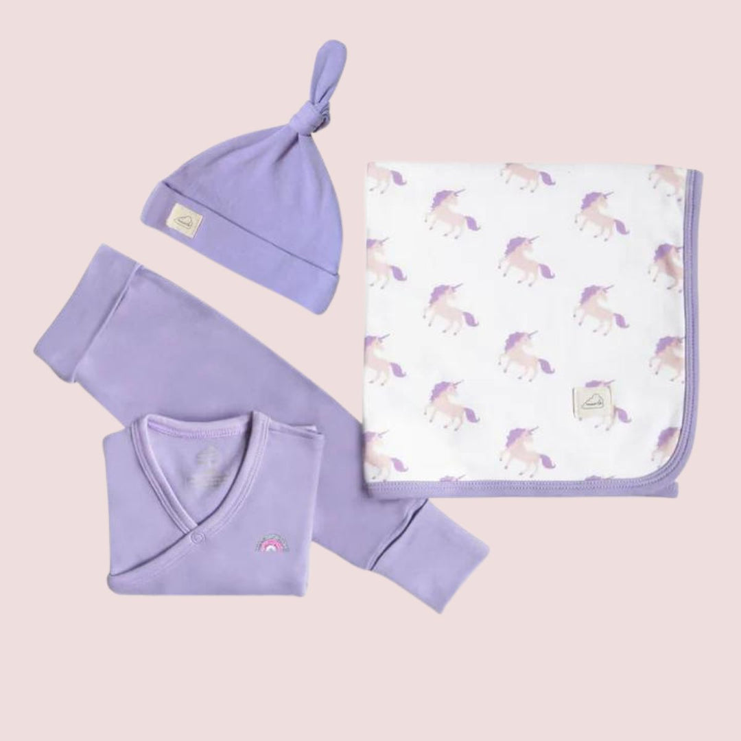 Purple Unicorn Print Welcome Bundle Kit For Babies | Organic Cotton | Set Of 4