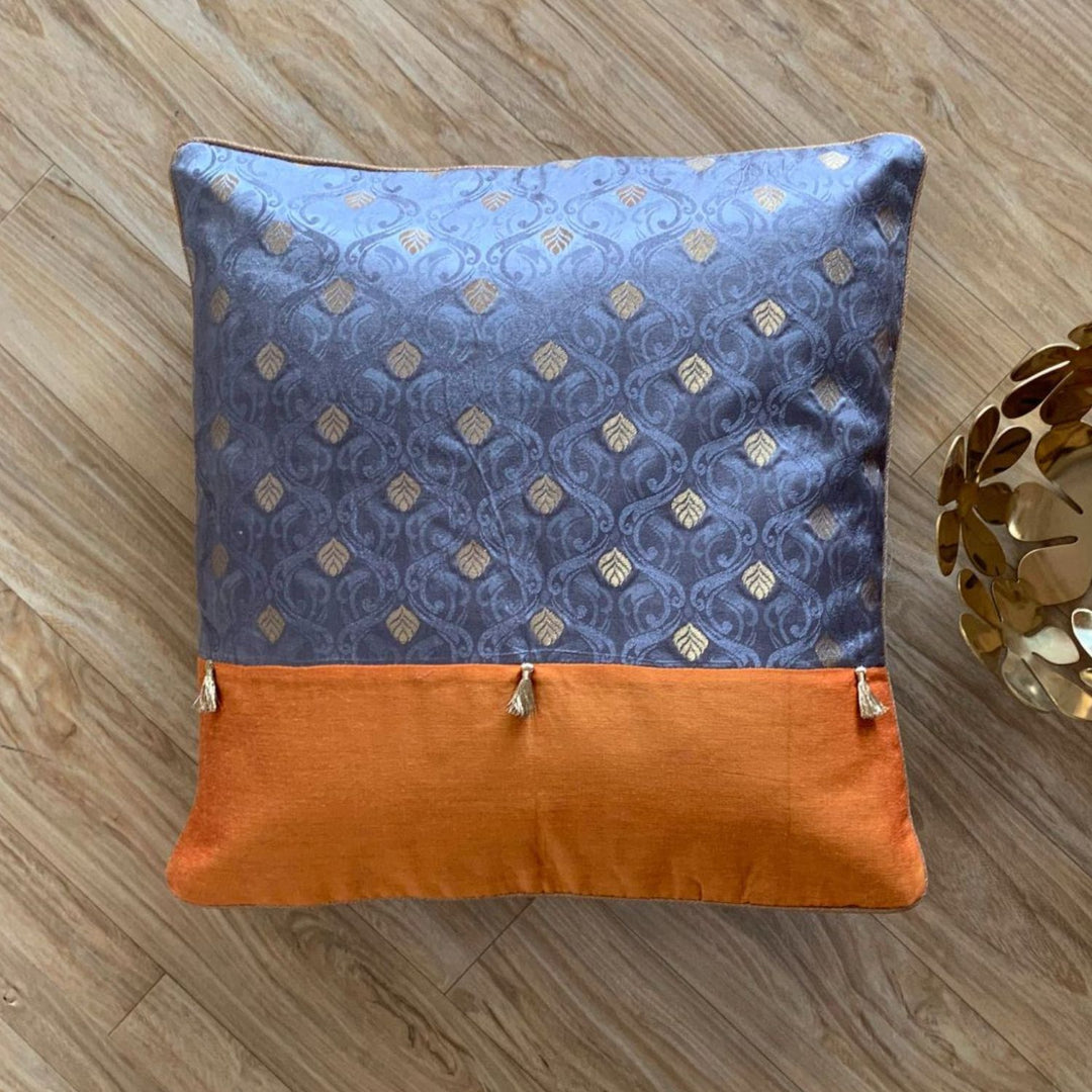 Grey & Orange Banarasi Cushion Cover | For Aesthetic Look | 16" x 16"