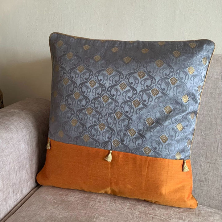 Grey & Orange Banarasi Cushion Cover | For Aesthetic Look | 16" x 16"