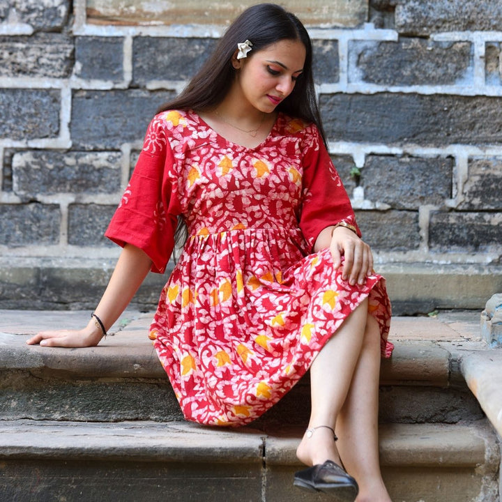 Women Dress | Casual Wear | Hand Block Printed | Soft Cotton | Red