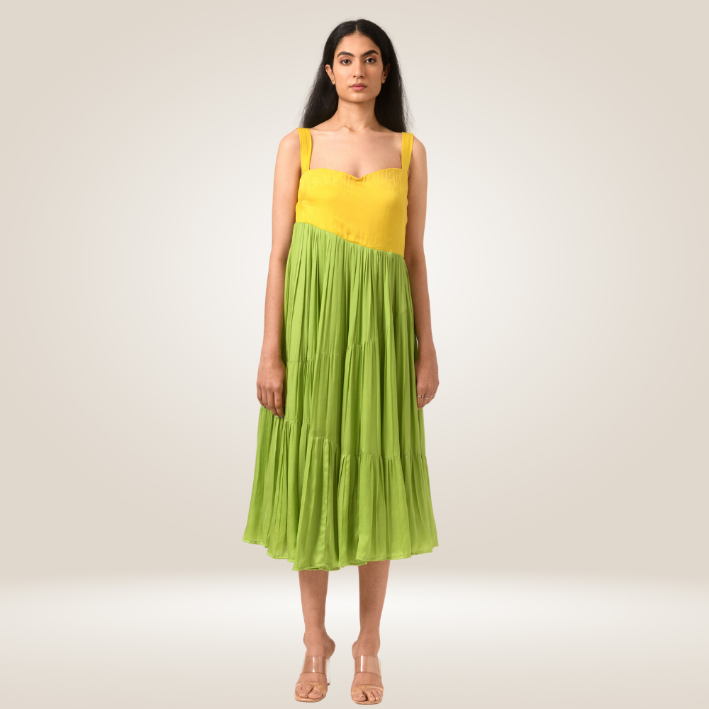 Yellow-Green Asymmetrical Gather Colour Block Dress | Crafted in Modal