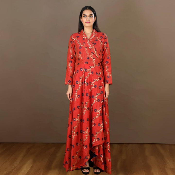 Elaya Shawl Collar Angarakha Gown | Festive Occasion | Hand-Crafted | Rust