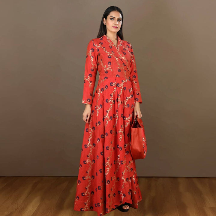 Elaya Shawl Collar Angarakha Gown | Festive Occasion | Hand-Crafted | Rust