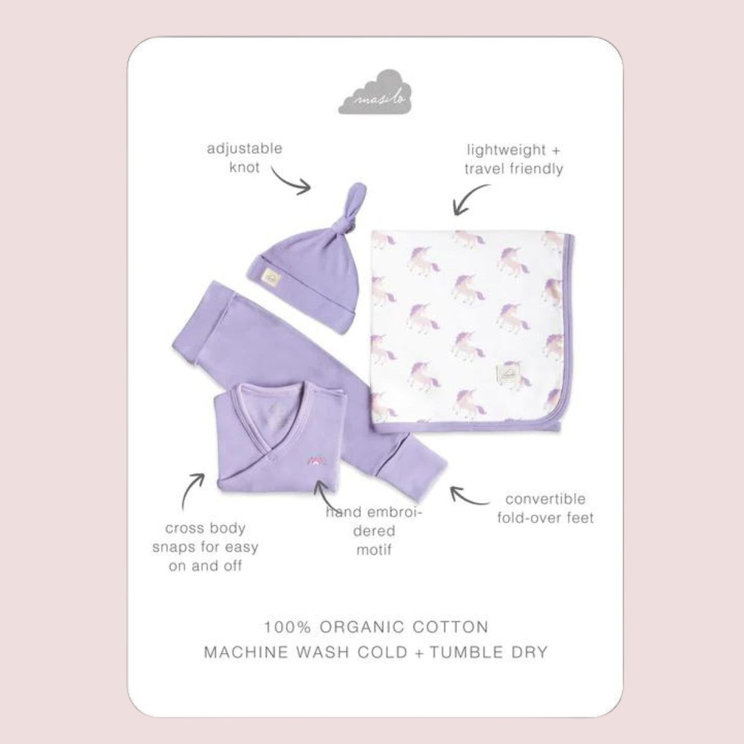 Purple Unicorn Print Welcome Bundle Kit For Babies | Organic Cotton | Set Of 4