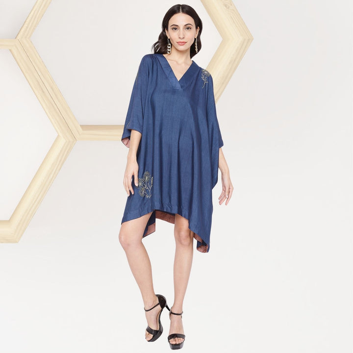 Eliana Free Flowing Boxy Top Dress | Floral Hand-Embroidered | Navy Blue