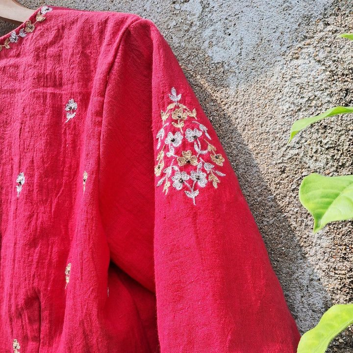 Roma Hand Embroidered Saree Blouse | Cotton Muslin | Red