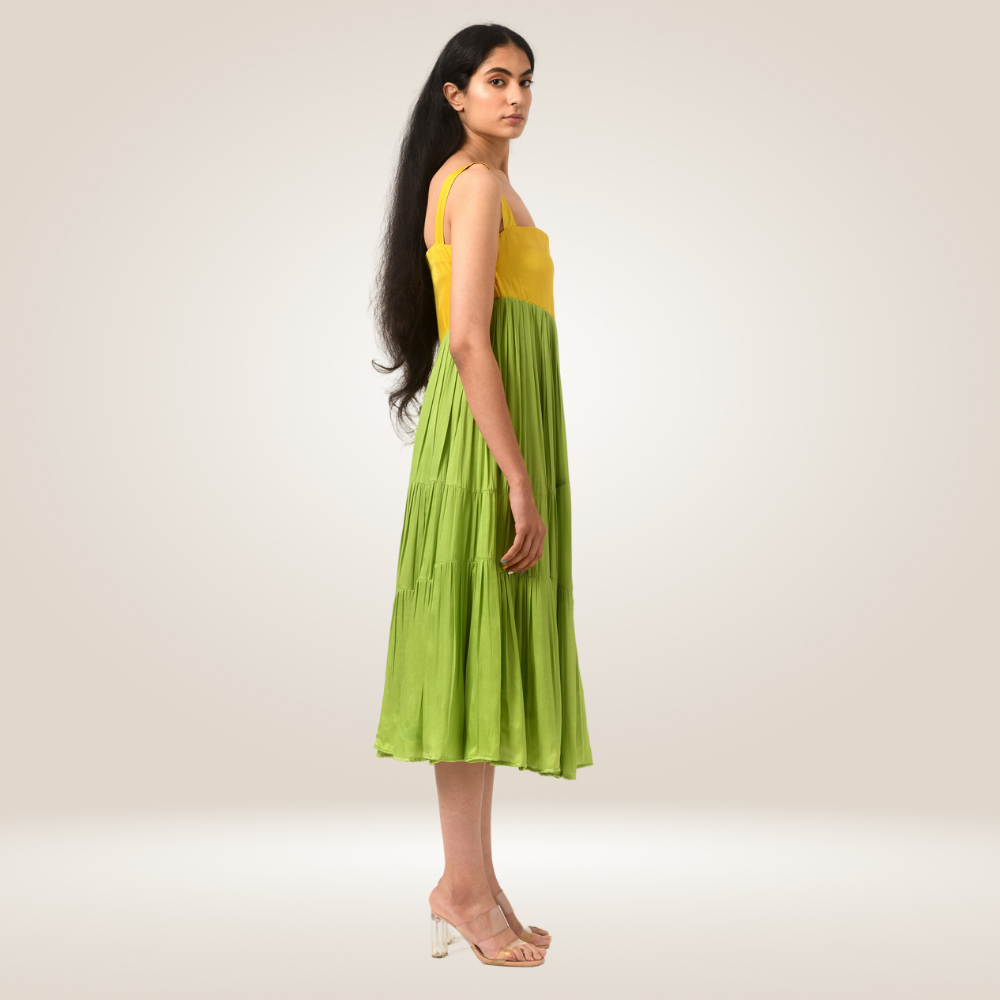 Yellow-Green Asymmetrical Gather Colour Block Dress | Crafted in Modal MijhoIndia Yellow-Green Asymmetrical Gather Colour Block Dress | Crafted in Modal MijhoIndia