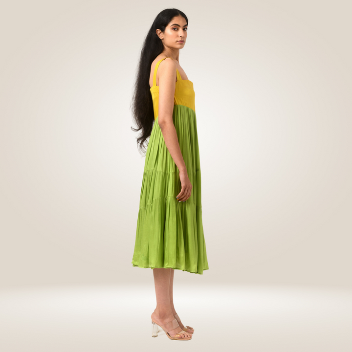 Yellow-Green Asymmetrical Gather Colour Block Dress | Crafted in Modal