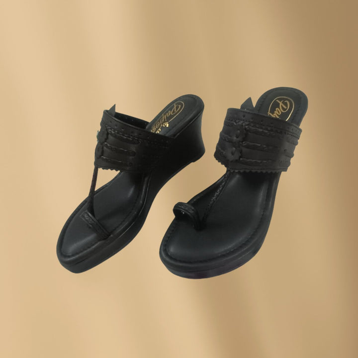 Black Wedge Heel Kolhapuris For Women | Hand-Crafted | Comfy Festive Wear