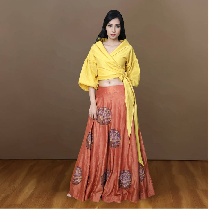 Renee Eri Tussar Silk Lehenga Set | Sujani Embroidered | Modern | Yellow & Rust